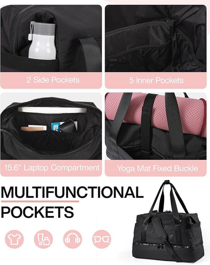 Weekender Bags for Women, BAGSMART Travel Duffel Bags with Shoe Compartment,Personal Item Travel Bag for Airlines, Carry on Overnight Tote Bag with Toiletry Bag(Black,2pcs)