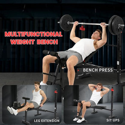 1500LBS 8 in 1 Weight Bench Set with Leg Extension/Curl and Preacher Curl, Bench Press Set and Barbell Rack with Safety Bar Catches, Foldable Workout Benches for Home(US Stock)