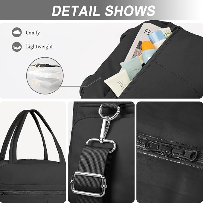 Sports Gym Bag for Women, Lightweight Travel Duffle Bags with Shoe Compartment & Wet Pocket, Weekender Overnight Bag Fitness Workout Bag with Toiletry Bag (Black)