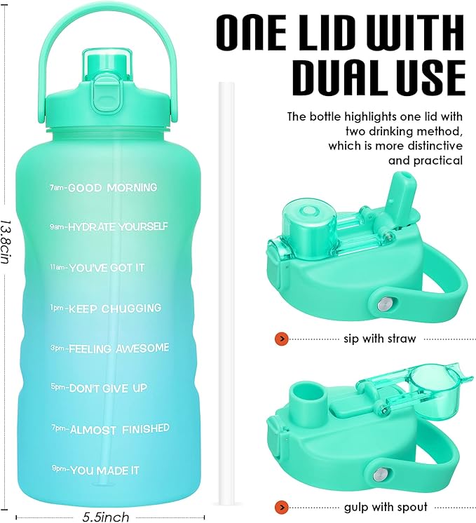 HydroPal 1 Gallon Water Bottles with Straw, 128 oz Water Bottle BPA Free Innovative 2-IN-1 Lid Gym Bottle with Times to Drink Motivational, Large for Sports Fitness Camping Water Jug （13.8X5.5 inch）