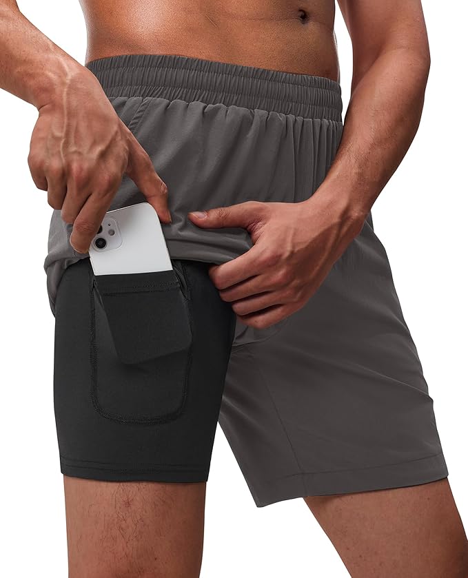 Running Shorts for Men 7 inch Inseam 2 in 1 Quick Dry Athletic Gym Workout Tennis Shorts with Phone Pockets