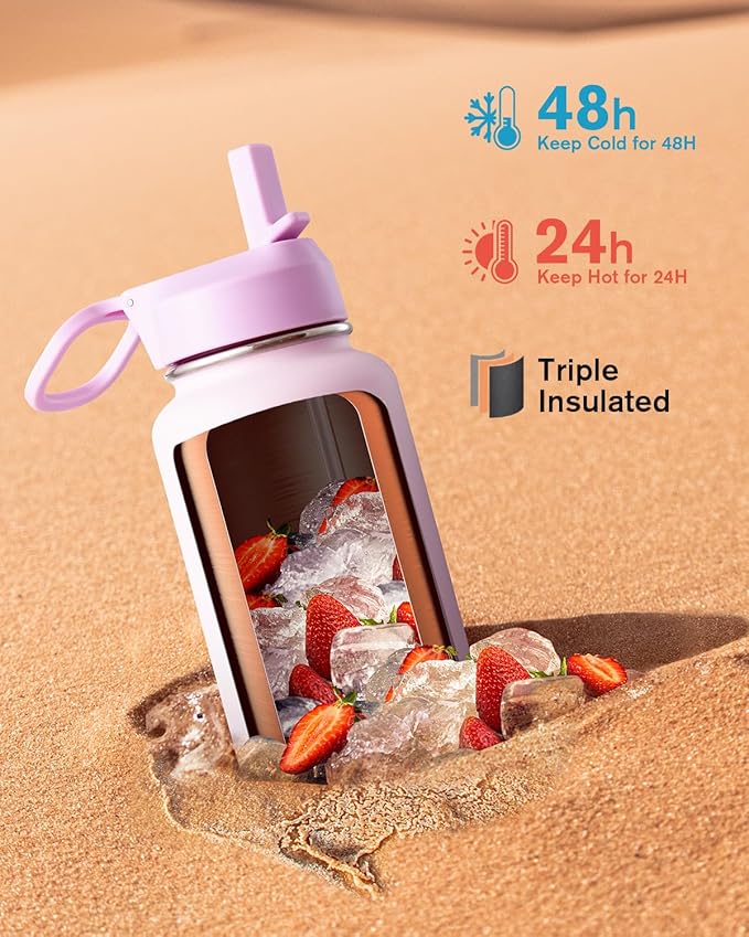 Coolflask Water Bottle 32 oz Insulated with Straw, Stainless Steel Metal 3 Lids Water Flask Wide Mouth for Sports or Office, Non-BPA Keep Cold Up to 48 Hrs or Hot Up to 24 Hrs, Pink