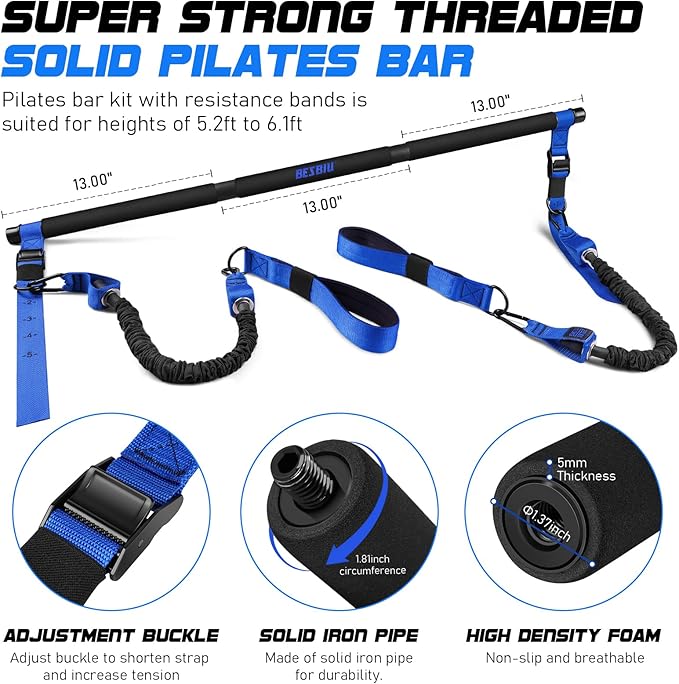 Pilates Bar Kit with Resistance Bands for Working Out, 210lbs Heavy Resistance Bands with Handles, Pilates Equipment with Resistance Band Bar for Men Women, Home Gym Full Body Workout Equipment