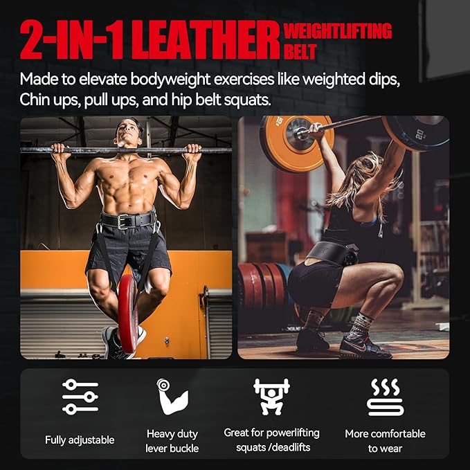 Jaffick Leather Weight lifting belt & 2-in-1 Dip Belt with Rope for Weightlifting Pull Up Gym Powerlifting Squat Bodybuilding Waist Support for Men Women