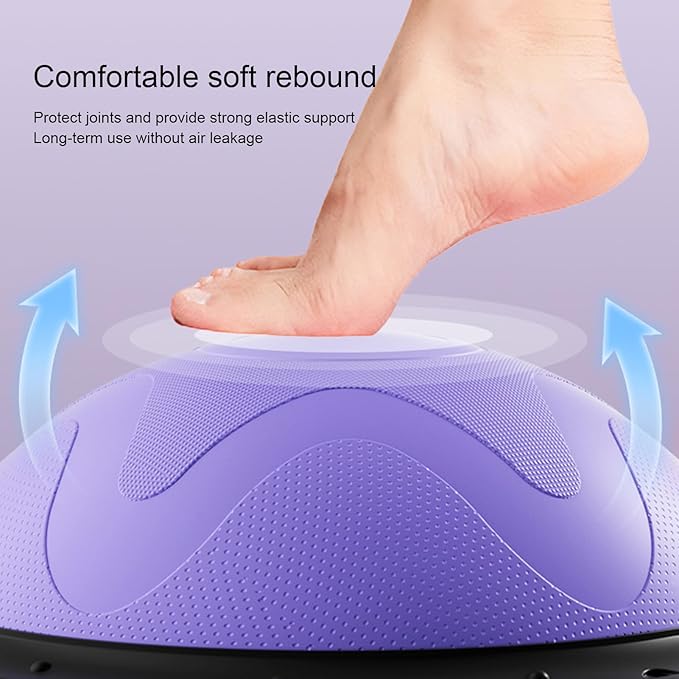 Half Balance Ball Trainer, Half Stability Training Equipment, Balance Strengthen Ball, 46x19cm, Core Muscle Training, Anti-Slip, Foldable Design, with Elastic Cord and Air Pump for Women Yoga Gym