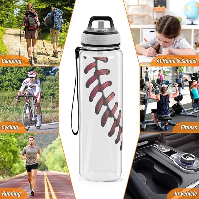 ALAZA Fashion Baseball Liner Sports Water Bottle with Straw Tritan Drink Bottle 32 oz BPA Free Reusable for Travel Outdoor Fitness