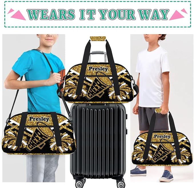 Custom Cheerleaders Dance Bag for Girls, Personalized Dance Ballet Bag for Teens Girls Waterproof Weekender Practice Travel Sports Duffel Gym Bag, Gold Sequins with Black