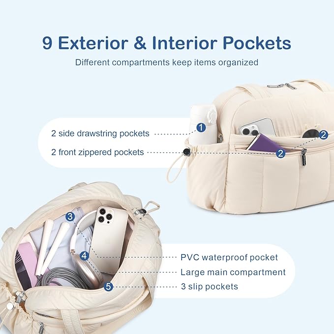 TOPDesign Travel Duffel Bag for Women, Puffer Gym Bag Sports Tote with Wet Pocket, Carry On Weekender with Luggage Sleeve (Yoga)