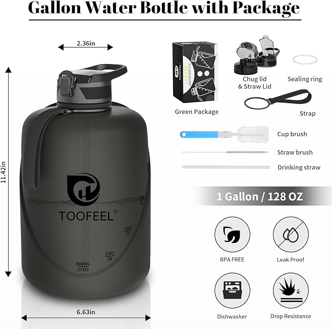 TOOFEEL 1 gallon water bottle - 128 oz water bottle with Straw & Chug Lid - BPA Free Big Water Bottle with Handle - Gym Water Bottle - Black