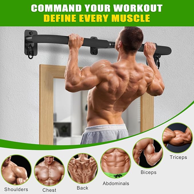 SELEWARE Heavy Duty Wall Mount Pull Up Bar, Joist Mount Chin Up Bar for Doorway, Sturdy Steel Construction, w/Resistance Band Hooks, Fits 32"/36" Wall Studs for Home Gym Strength Training