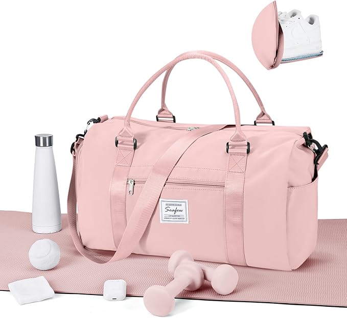 Gym Bag for Women Men with Shoes Compartment,Sports Duffle Bag Personal item travel Duffel Bags Tote Bag Small Carry on Weekender Overnight Bags Workout Dance Bag Hospital Holdalls Pink