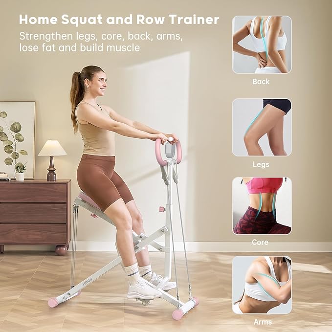 Squat Machine for Home, 2-in-1 Squat & Rowing Exercise Equipment with 3 Resistance Bands, Foldable Glutes & Leg Trainer, 400lbs Capacity for Thighs, Butt, Core Workout
