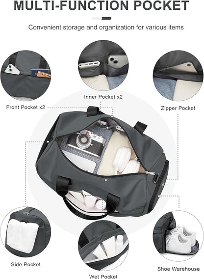 Gym Bag for Women Men with Shoe Compartment, Sport Duffel Bag, Waterproof Travel Weekender Overnight Carry on Bag for Yoga with Trolley Sleeve, Grey