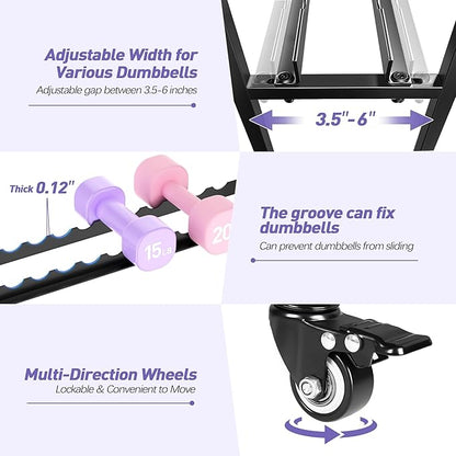 PARTPHONER Adjustable Dumbbell Rack, Weight Rack for Home Gym Storage, Home Gym Storage for Stores Dumbbells, Kettlebells and Yoga Mats, All in One Workout Storage Racks with Wheels and Hooks, Durable Powder Coated Steel