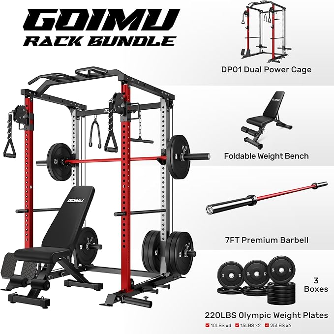 DP01 Power Cage, 2000LBS Squat Rack with with Cable Crossover and Dual Independent Pulley System, Full Cage for Full Body Training, Power Rack with More Training Attachments for Home Gym