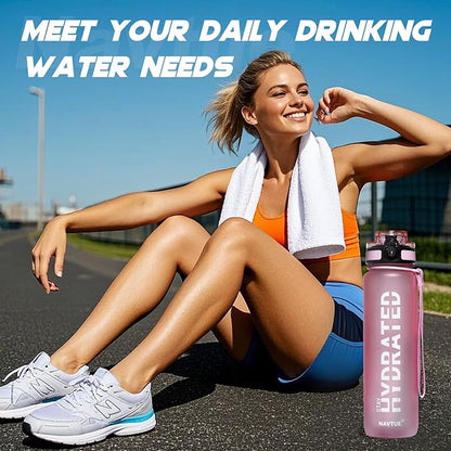 Water Bottle, 32oz Sports Water Bottles with Time Marker Wide Mouth, Motivational and Leakproof Drink Bottle, BPA Free Tritan with Carry Strap for Gym Fitness Outdoor (1 Bottle)