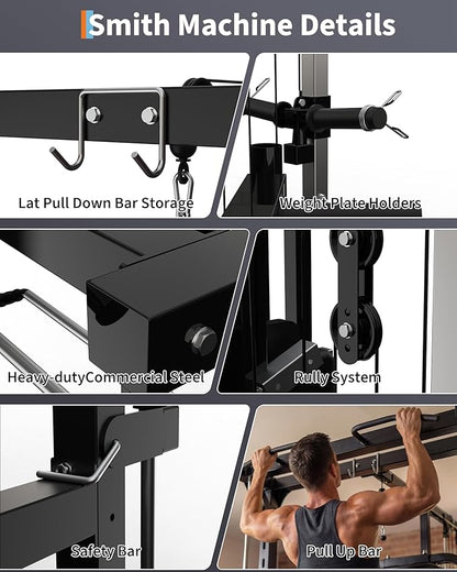 Smith Machine with Bench, Heavy Duty Power Cage Squat Rack with Smith Bar, LAT Pulldown System, Chest Station & More Training Attachment, Home Gym Equipment for Strengthen Training