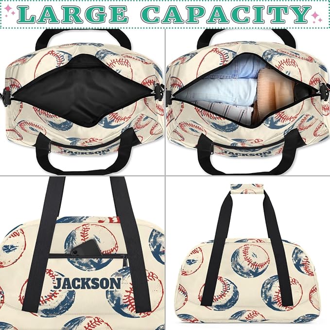 Personalized Baseball Gym Duffel Bags for Kids Boys with Custom Name Sport Travel Bags for Training Overnight Weekender, Beige