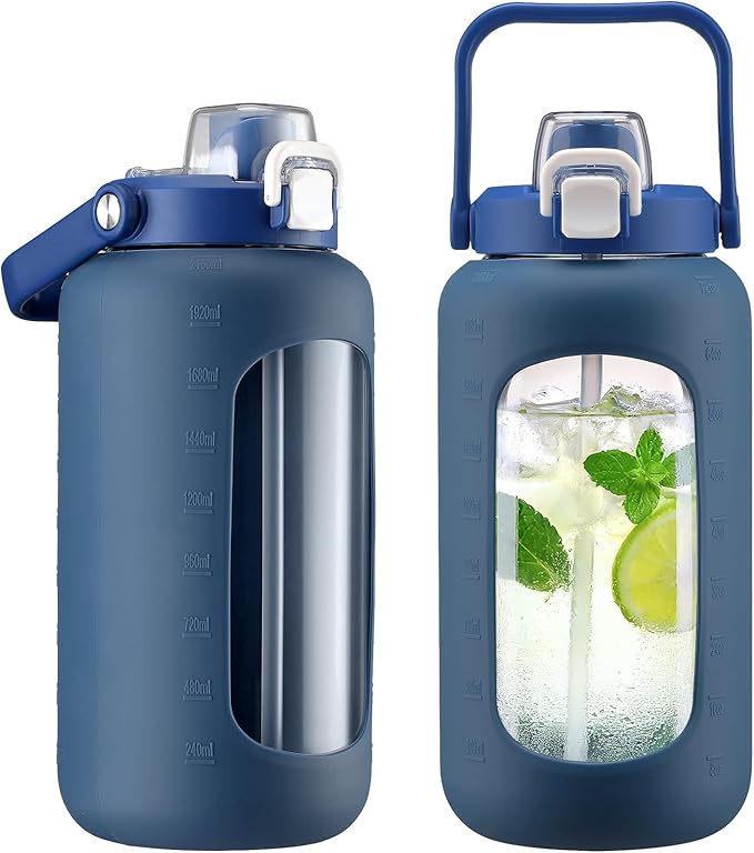 72oz Glass Water Bottle with 2-IN-1 Straw &Chug Lid, Large Motivational Glass Bottle with Capacity Marker and Silicone Sleeve, 2.1Liter Gallon Water Jug for Home, Sports, Gym, BPA Free-Blue