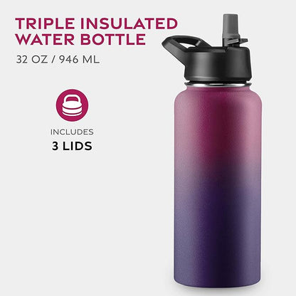 FineDine Water Bottle - Stainless Steel Insulated Water Bottle with Straw Lid, Flip Lid & Wide-Mouth Cap - Keeps Hot and Cold - 32 Oz / 946ml - Dreamy Purple