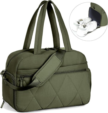 Gym Bag for Women, Puffer Travel Duffle Bag With Shoes Compartment & Wet Pocket, Carry On Tote Bag For Weekender, Overnight, Sport duffel bags for traveling (Green, Medium)