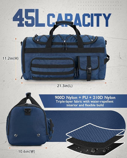 Gonex 45L Duffel Bag for Men, 3 in 1 Convertible Carry Gym Duffle with Shoe Compartment, Tactical Gear Loops, Water-Repellent Lining, Workout & Travel Bag (Dark Blue)