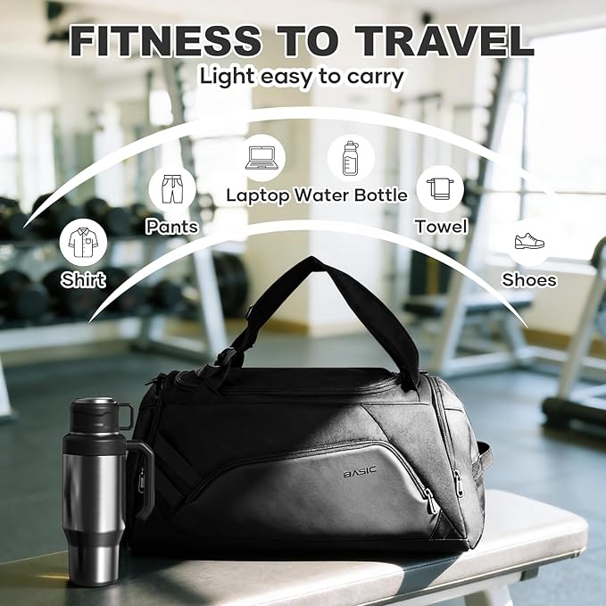 Gym Bag for Men Women, 40L Travel Duffle Sports Duffel Bag Lightweight Gym Weekender Overnight Backpack with Shoe Compartment & Wet Pocket Black