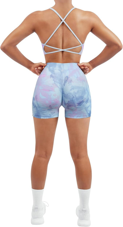 SUUKSESS Women Seamless Workout Sets Strappy Sports Bra High Waist Booty Shorts Outfits