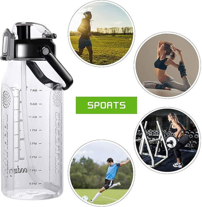 Motivational Half Gallon/64oz Water Bottle with Straw & Time Marker& Handle, Leak-Proof Tritan Water Jug for Fitness,Outdoor, Sport (Black)