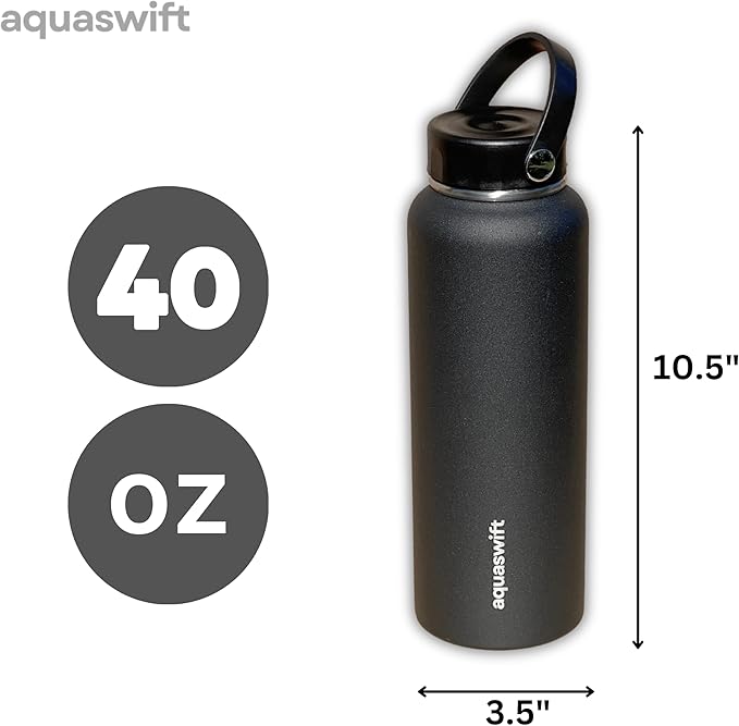 core - Sports Water Bottle - Gym & Outdoor Bottles, Double Wall, 40 oz, Black - Vacuum Insulated Stainless Steel - With 3 Lids, Straw, Spout and Handle Lid.
