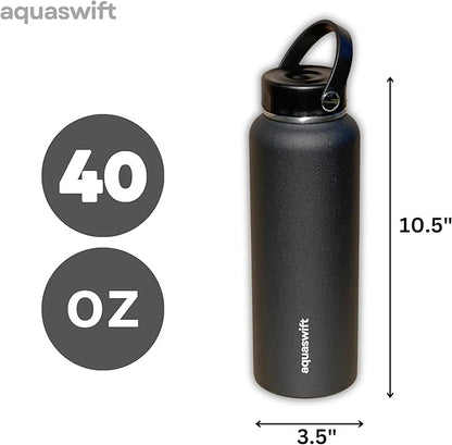 core - Sports Water Bottle - Gym & Outdoor Bottles, Double Wall, 40 oz, Black - Vacuum Insulated Stainless Steel - With 3 Lids, Straw, Spout and Handle Lid.