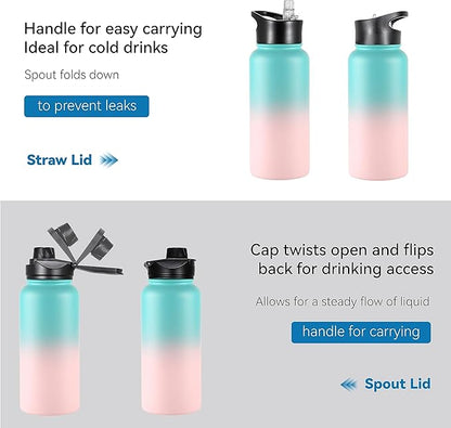 VEGOND 32 oz Insulated Water Bottle Bulk Stainless Steel Metal Water Bottles with Leak Proof Straw Lid & Spout Lid, Wide Mouth Double Walled Vacuum Travel Sports Bottle, 8 Pack
