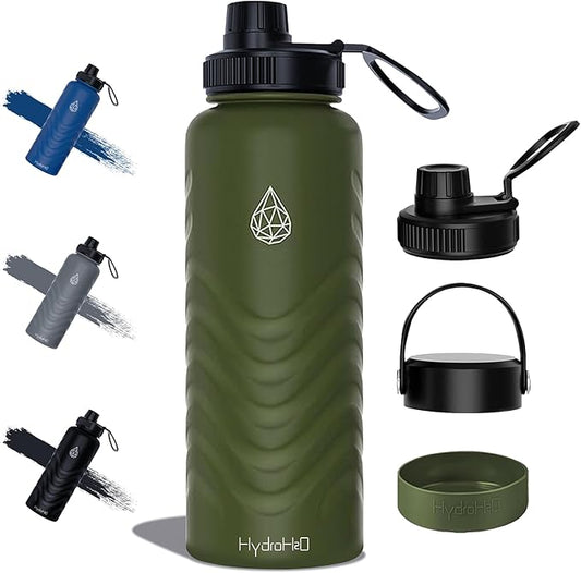 24oz Stainless Steel Insulated Water Bottle, 48H Ice Cold & 24H Hot, Leak-Proof Wide Mouth Lids (Straw & Spout), BPA-Free Bottles, Mens Water Bottle for Gym, Hiking, Travel - Green