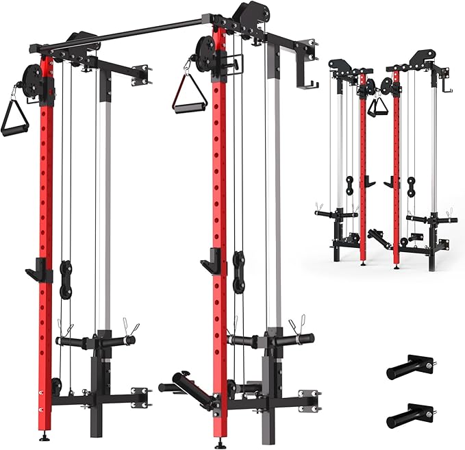 GarveeLife Folding Squat Rack, Wall Mounted Power Rack with Pulley System & Pull Up Bar, Compact Fitness Equipment with 5 Adjustable Function Modes for Small Spaces, Garage, Apartment, Red