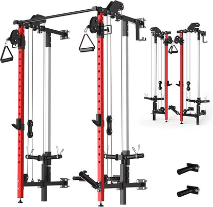 GarveeLife Folding Squat Rack, Wall Mounted Power Rack with Pulley System & Pull Up Bar, Compact Fitness Equipment with 5 Adjustable Function Modes for Small Spaces, Garage, Apartment, Red