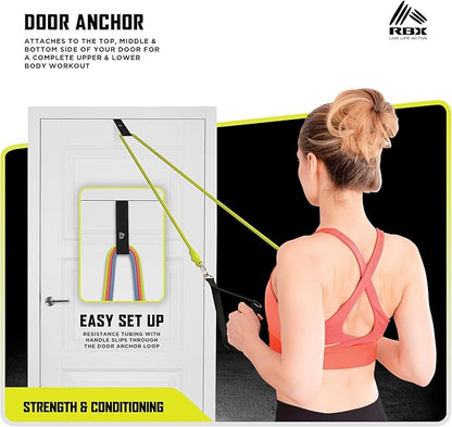 RBX 6 Piece Home Gym Resistance Kit - Light, Medium, Heavy Resistance Bands, Grip Handles, Door Anchor, Ankle Strap & Carry Bag
