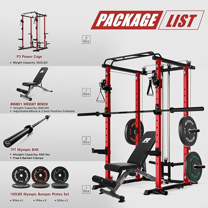 RitFit Multi-Function Garage & Home Gym Package Includes 1200LBS Power Cage PPC03/P3 with Cable Crossover System, Weight Bench, Olympic Barbell Weight Set, Full Body Workout