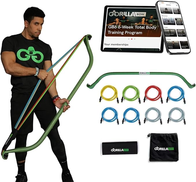 Gorilla Bow Original Portable Home Gym Resistance Bands and Bar System for Travel, Fitness, Weightlifting and Exercise Kit, Full Body Workout Equipment Set