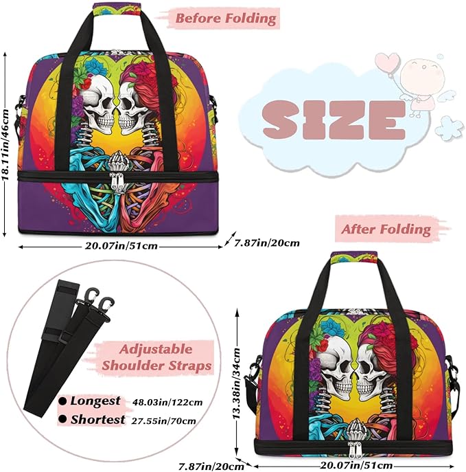 cfpolar Woman Travel Duffel Bag Heart Skull Foldable Tote Carry On Luggage Sports Gym Bag With Shoe Compartment Overnight Weekend Yoga Workout Bag Training Handbag