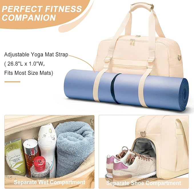 Sports Gym Bag for Women, Travel Duffle Bag with Shoe Compartment & Wet Pocket, Fitness Yoga Bag