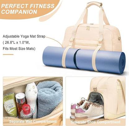 Sports Gym Bag for Women, Travel Duffle Bag with Shoe Compartment & Wet Pocket, Fitness Yoga Bag