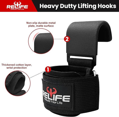 RELIFE REBUILD YOUR LIFE Lifting Hooks for Men and Women(Pair), Pull Up Straps, Gym Reapers Lifting Wrist Grips, Heavy Powerlifting, Lifting Hooks for Weight Lifting