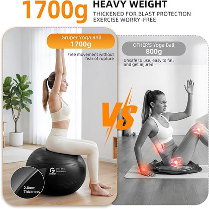 Gruper Yoga Ball, Extra Thick Non Slip Exercise Ball for Workout, Birthing, Balance, Stability, Pregnancy, 4 Sizes Anti Burst Chair for Home and Office, Includes Quick Pump & Fitness Guide