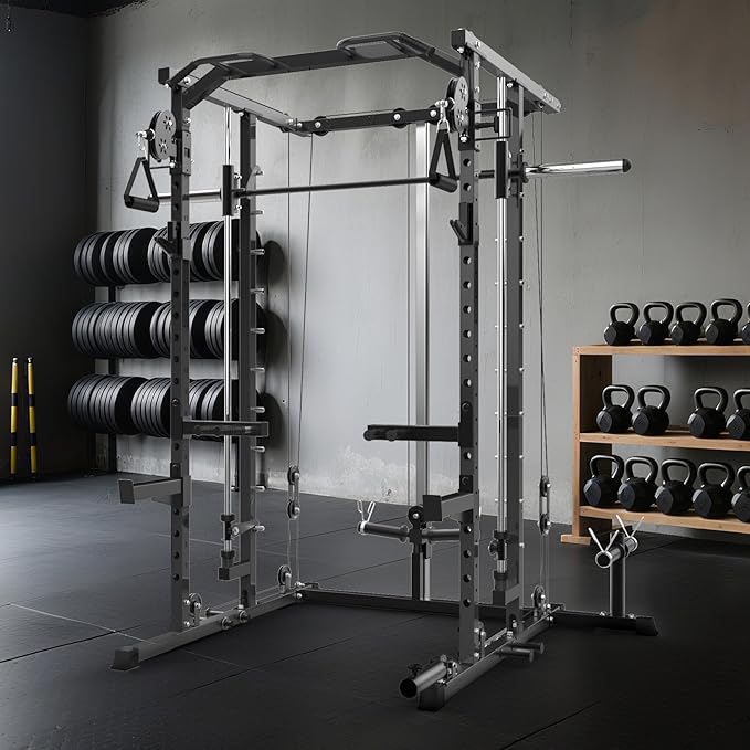 GarveeLife Power Cage, Smith Machine Squat Rack, Heavy Duty Power Rack for Home Gym with Pulley System, Dip Bar, LAT Pulldown, Multifunctional Squat Rack for Home Gym