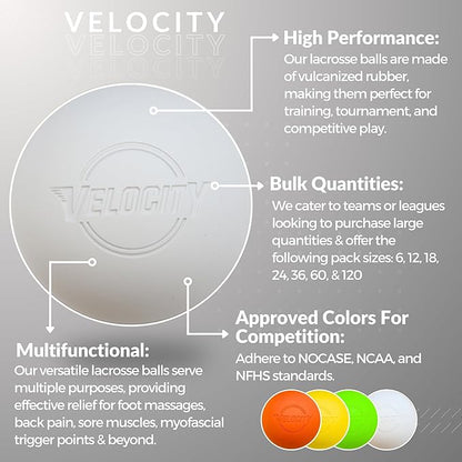 Velocity Lacrosse Balls - 1, 2, 3, 6, 12, 18, 24, 36, 60 and 120 Packs - for Practice, Official NFHS and College Approved Size