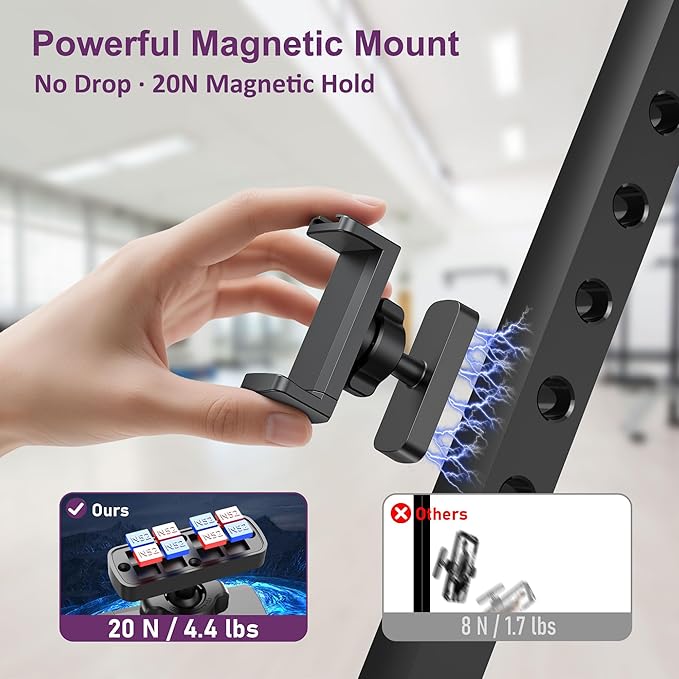 Magnetic Phone Holder for Gym, Magnet Gym Phone Mount w/ 6 x N52 Magnets, Home Workout Gym Accessories for Men Women, Quick Release Clamp, Thick-Case Friendly, Fits 4.7–7" iPhone 17/16/15/14 & Galaxy