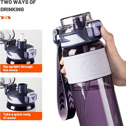 TKK Sports Water Bottles with Removable Straw 34 oz Leak-proof Flip Top Lid BPA Free Tritan Bottles with Strap for School, Fitness, Gym, Outdoor, Purple
