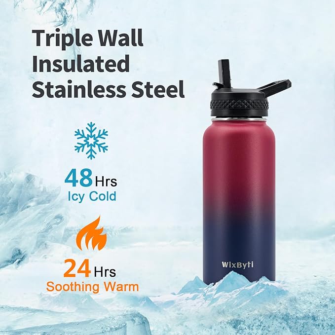 32 oz Insulated Water Bottle with Straw, Stainless Steel Triple Wall Vacuum Sports Water Jug, Leakproof Hydro Cup Flask with Paracord Handle & Straw Spout Lids & DIY Stickers