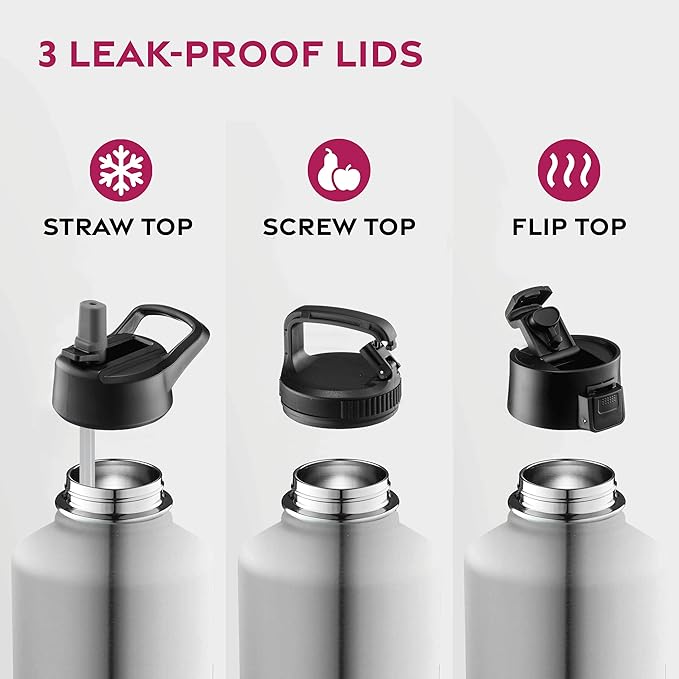 FineDine Water Bottle - Stainless Steel Insulated Water Bottle with Straw Lid, Flip Lid & Wide-Mouth Cap - Keeps Hot and Cold - 64 Oz / 1.89L - Brushed Stainless Steel