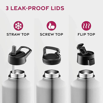 FineDine Water Bottle - Stainless Steel Insulated Water Bottle with Straw Lid, Flip Lid & Wide-Mouth Cap - Keeps Hot and Cold - 64 Oz / 1.89L - Brushed Stainless Steel